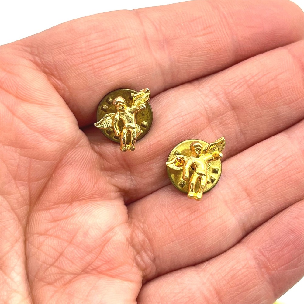 Vintage Gold Tone Cherub Angel Lapel Pins Set of 2 Winged Cupid Mini Pins